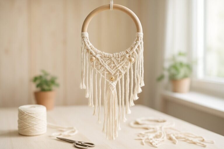 Un espace de travail lumineux mettant en valeur un attrape rêve macramé diy suspendu à un anneau en bois, entouré de cordons en coton doux et de perles décoratives, avec une atmosphère sereine grâce à la lumière naturelle et des touches de verdure.