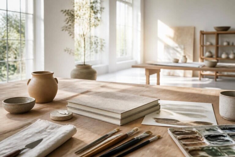 Un studio lumineux et élégant, idéal pour un séjour créatif pour femmes, avec des fournitures artistiques de haute qualité sur une table en bois naturel.