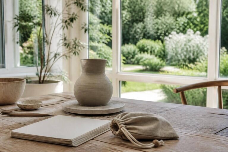 Un espace de retraite créative haut de gamme baigné de lumière naturelle, idéal pour des vacances créatives adultes, avec une table en bois accueillant un vase en céramique à moitié fini et du papier à dessin.