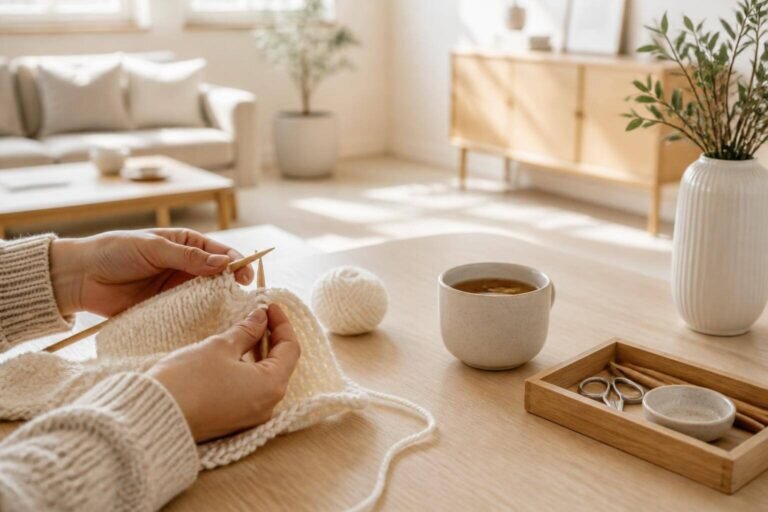 Une activité manuelle relaxante est illustrée par des mains tricotant doucement avec de la laine claire sur une table en chêne blanc, accompagnée d'une tasse de thé aux herbes et d'un plateau d'outils essentiels, baignée par une douce lumière naturelle.