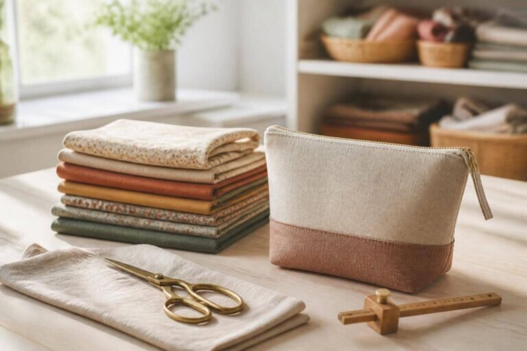 Une scène de création avec du tissu recyclé dans un atelier lumineux, mettant en valeur un espace de travail organisé avec des tissus de coton recyclé et des outils de couture vintage.
