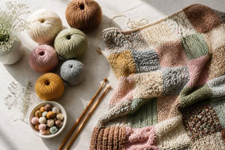 Découvrez que faire avec des restes de laine en explorant un flat lay esthétique mettant en valeur des fournitures de tricot de luxe sur une surface en lin texturée.
