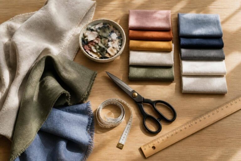 Découvrez que faire avec des chutes de tissu en les organisant sur une table en bois clair, avec des ciseaux de tailleur et une règle en bois pour un atelier de couture haut de gamme.