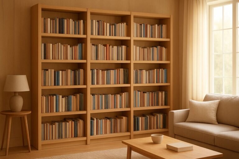 Une bibliothèque do it yourself magnifiquement conçue avec des étagères en bois élégantes, baignée de lumière naturelle dans un salon chaleureux.