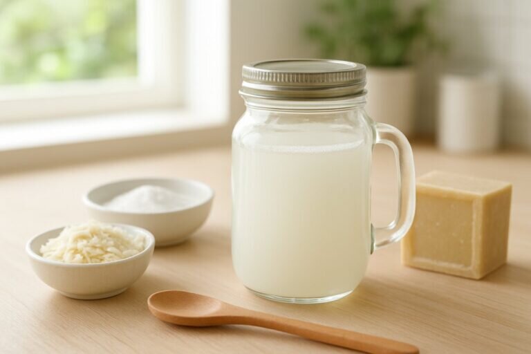 Une cuisine lumineuse avec un bocal en verre rempli de lessive do it yourself, entouré d'ingrédients naturels comme des copeaux de savon de Marseille et du bicarbonate de soude, créant une ambiance fraîche et écologique.