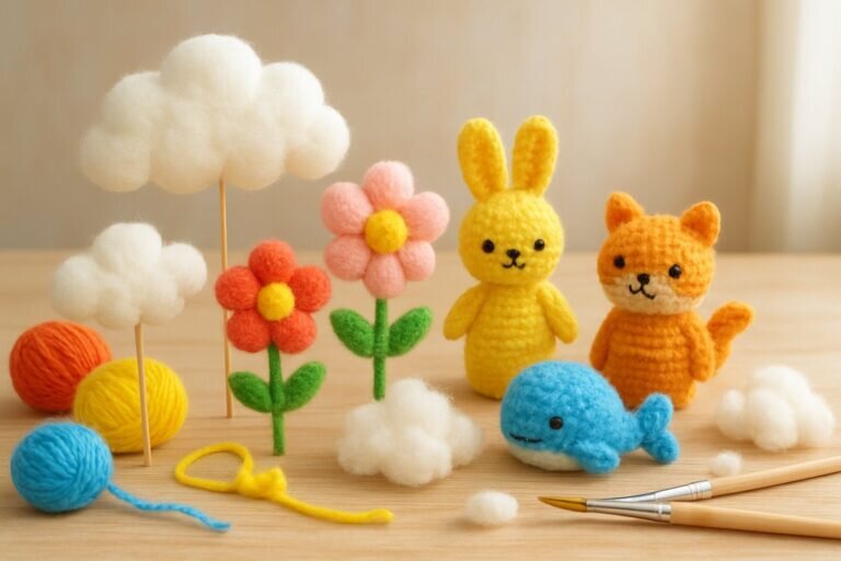 Un espace de travail lumineux et aéré présente une variété de créations en coton colorées pour enfants, illustrant parfaitement l'activité manuelle avec du coton.