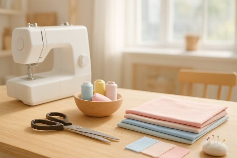 Un espace de travail lumineux et aéré présente un poste de couture magnifiquement agencé pour le 'do it yourself vêtements', avec des fournitures de couture organisées et des tissus pastel sous une douce lumière naturelle.