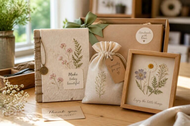 Un ensemble de cadeaux do it yourself magnifiquement arrangé sur une table en bois clair, comprenant un carnet fait main, une pochette en tissu et un cadre de fleurs pressées, dans une ambiance créative et lumineuse.
