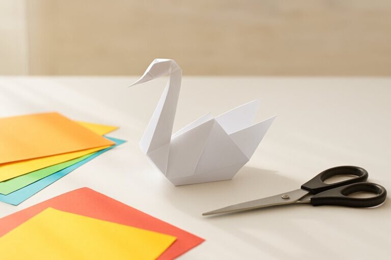 Un espace de travail magnifiquement arrangé avec un cygne en papier délicatement plié, entouré de papiers colorés et de ciseaux, parfait pour apprendre à faire un cygne en papier.
