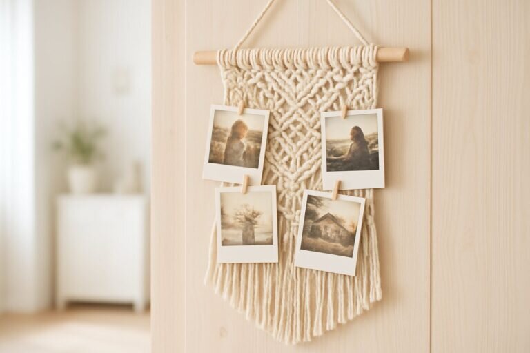 Un porte photo macramé magnifiquement arrangé expose des photos Polaroid vintage sur un mur en bois clair, illuminé par une lumière naturelle douce dans un intérieur minimaliste et serein.
