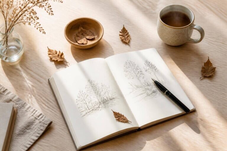 Un espace de travail minimaliste et lumineux, parfait pour une activité pour développer sa créativité, avec un carnet de croquis, une tasse en céramique et des feuilles séchées, baigné de lumière naturelle.
