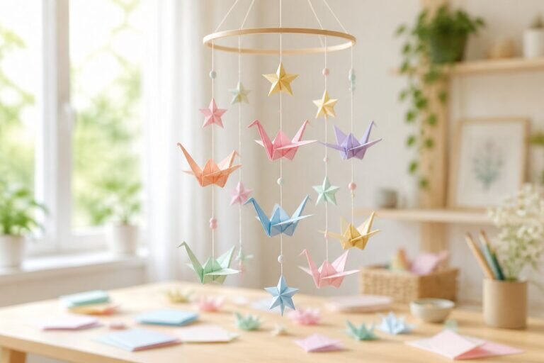 Un mobile en origami magnifiquement conçu avec des grues et des étoiles en papier pastel, suspendu dans une pièce lumineuse et aérée, créant une atmosphère sereine et créative.
