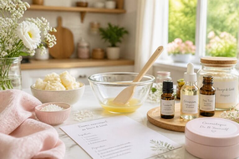 Un espace de travail magnifiquement agencé pour le cosmétique do it yourself, avec un bol en verre de beurre de karité fondu, des huiles essentielles et des éléments pastel créant une atmosphère accueillante.
