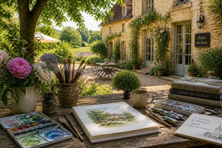 Un cadre de retraite créative en Bourgogne, avec une table en bois rustique ornée de fournitures d'art de qualité, entourée de verdure luxuriante et de fleurs en pleine floraison.
