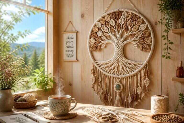 Un arbre de vie macramé magnifiquement conçu est suspendu sur un mur en bois clair, baigné par une douce lumière naturelle, créant une atmosphère chaleureuse et invitante.