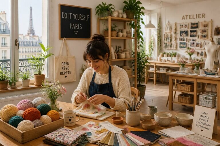 Un atelier DIY lumineux à Paris, rempli de matériaux créatifs, où une personne fabrique un objet à la main dans une atmosphère chaleureuse et inspirante.