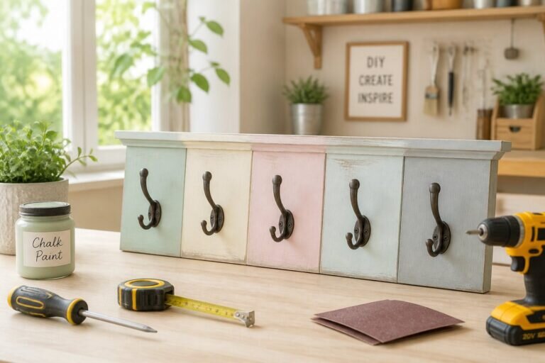 Un atelier lumineux et aéré montre un projet de bricolage do it yourself en cours, avec un porte-manteau mural en bois peint en couleurs pastel entouré d'outils bien organisés.