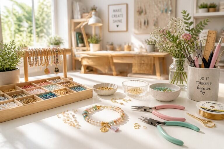 Un espace de travail magnifiquement organisé pour le do it yourself bijoux, avec des perles colorées, des outils comme des pinces et des ciseaux, et un bracelet partiellement terminé sur une surface blanche propre.