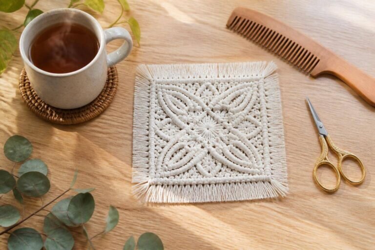 Découvrez un élégant dessous de verre macramé tuto, photographié sur une table en chêne clair avec une tasse de thé fumante, un peigne en bois et des ciseaux, dans une ambiance bohème chic.