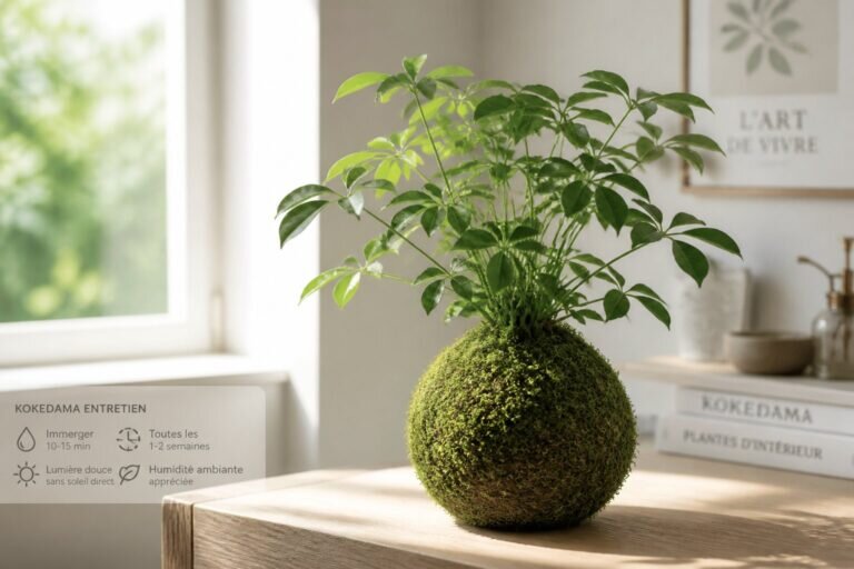 Un kokedama magnifiquement arrangé sur une surface en bois clair, illuminé par une lumière naturelle douce, incarne parfaitement l'élégance du kokedama entretien.