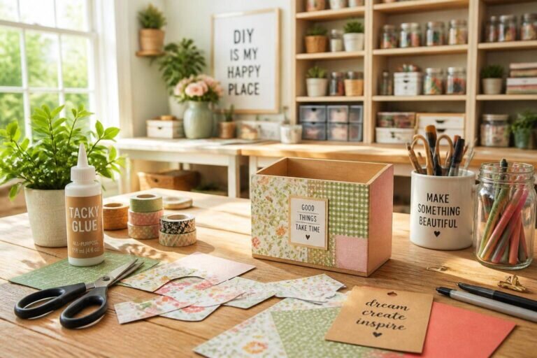 Un espace de travail lumineux et aéré met en valeur un projet DIY en cours, illustrant ce que veut dire DIY avec des matériaux de bricolage dispersés sur une table en bois.