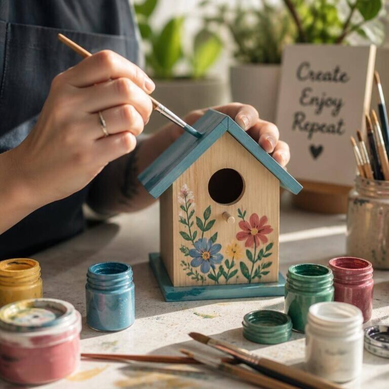 Un gros plan montre des mains peinturant un objet en bois dans un projet DIY, mettant en lumière ce que veut dire DIY avec des pots de peinture vibrants et un éclairage naturel.