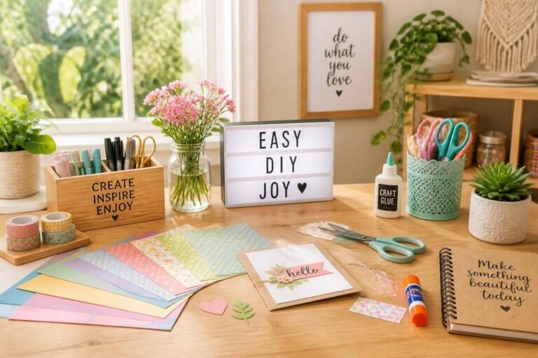 Un espace de travail DIY facile à faire, lumineux et accueillant, avec une table en bois et divers matériaux de bricolage sous une douce lumière naturelle.