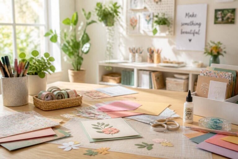 Un espace de travail lumineux et accueillant avec une table en bois propre, parsemée de matériaux de bricolage colorés, est une idée d'activité manuelle parfaite pour stimuler la créativité.