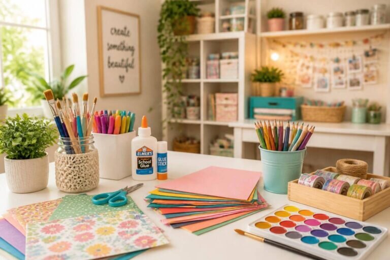 Un espace de travail lumineux et accueillant avec des matériaux de loisirs créatifs faciles comme des papiers colorés, des ciseaux, de la colle et des pinceaux, idéal pour stimuler la créativité.
