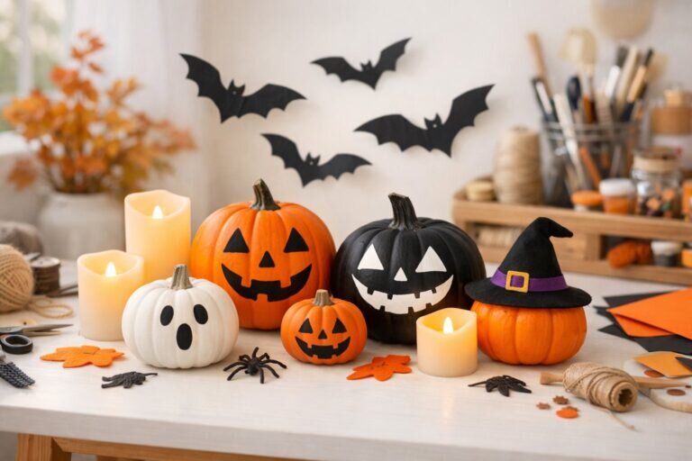 Une scène de décoration d'Halloween do it yourself magnifiquement agencée, mettant en valeur des citrouilles peintes, des chauves-souris en papier et des bougies LED lumineuses dans un espace de travail lumineux et accueillant.