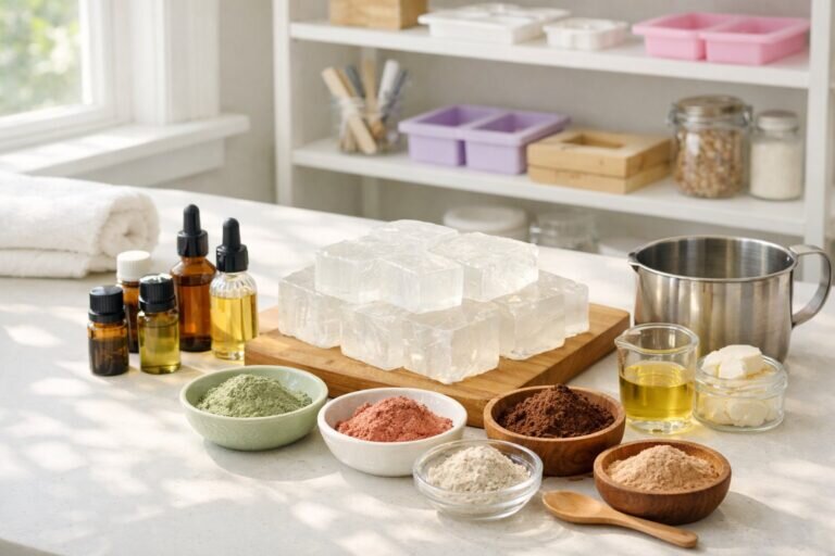 Un comptoir de cuisine lumineux et aéré présente des ingrédients naturels pour la fabrication de savon, créant une atmosphère calme et créative associée au 'do it yourself savon'.