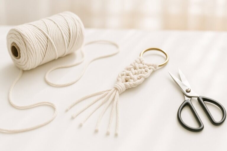 Un espace de travail magnifiquement organisé met en valeur un projet de diy porte cle macrame, avec des matériaux comme un cordon en coton doux et un anneau métallique élégant.