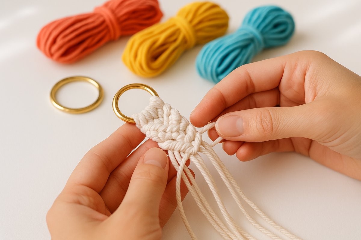 Gros plan sur des mains en train de faire du macramé