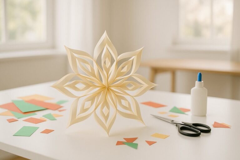 Un espace de travail lumineux présente une décoration de Noël à fabriquer en papier facile, comme une étoile ou un flocon de neige, entourée d'outils de bricolage sur une surface blanche.