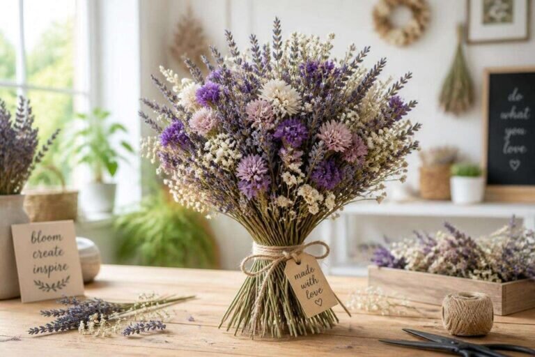 Un bouquet de fleurs séchées DIY magnifiquement arrangé sur une table en bois clair, mettant en valeur la lavande, le statice et la gypsophile dans un atelier lumineux.