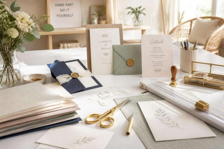 Un espace de travail magnifiquement organisé pour la création de faire part do it yourself, avec du papier de haute qualité, des ciseaux et un outil de découpe sur une table blanche éclairée par la lumière du jour.