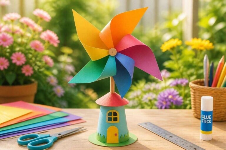Un moulin à vent à fabriquer en papier coloré, tournant doucement sur une table en bois clair, avec un jardin en fleurs en arrière-plan, évoque la joie du bricolage DIY.