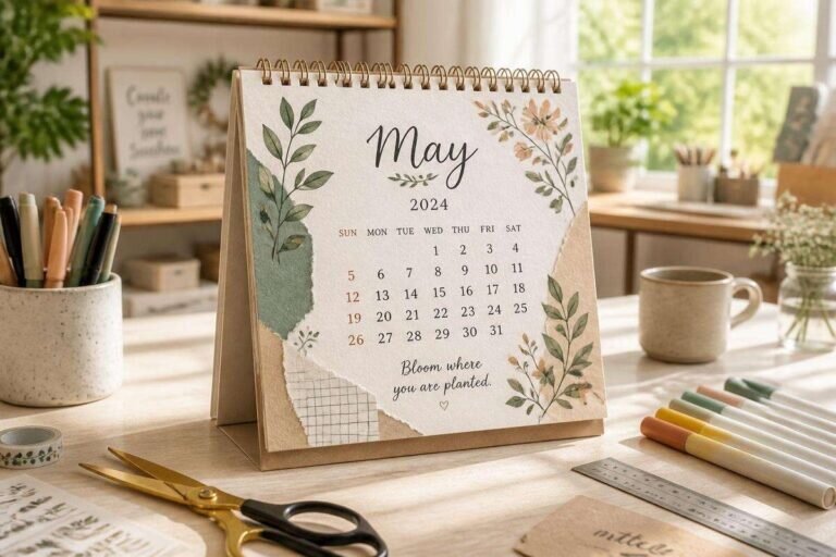 Un calendrier do it yourself magnifiquement conçu est posé sur une table en bois clair, entouré d'outils de bricolage et illuminé par une lumière naturelle douce.