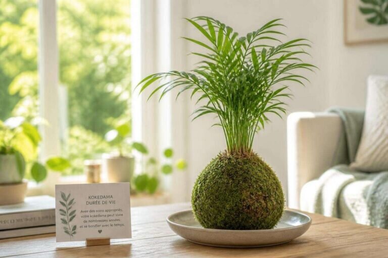 Un kokedama magnifiquement arrangé illumine un salon lumineux, illustrant la 'kokedama durée de vie' avec sa vitalité et son élégance.