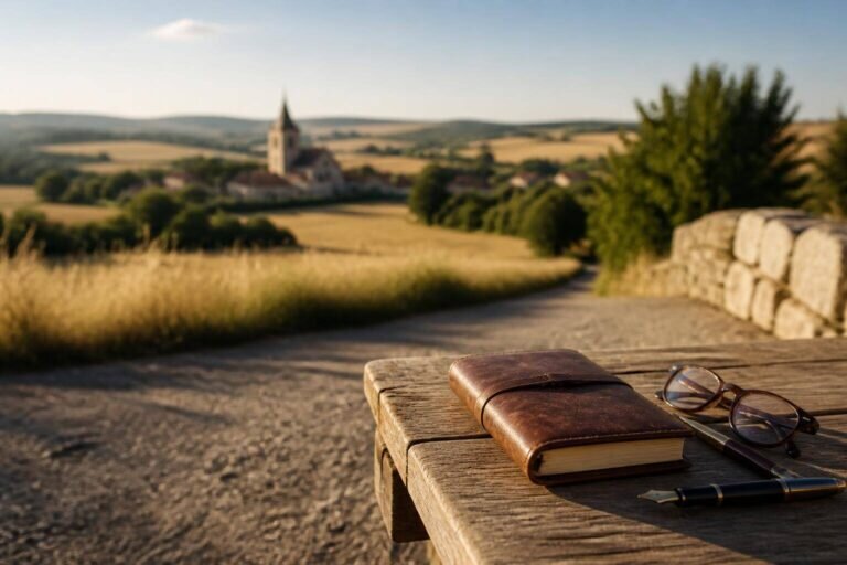 Visiter Savins et ses environs pour découvrir un paysage rural serein au coucher du soleil, avec une table rustique en bois ornée d'un journal en cuir, d'un stylo plume et de lunettes vintage, offrant une vue sur les collines du Montois et un village briard.