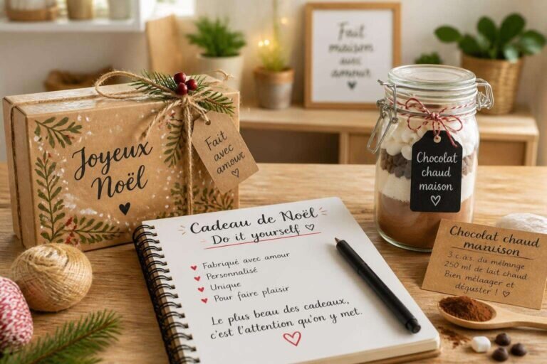 Un espace de travail magnifiquement agencé met en valeur le thème 'cadeau de noel do it yourself', avec une boîte cadeau peinte, un carnet personnalisé et un pot de mélange de chocolat chaud fait maison, illuminé par une lumière naturelle douce.