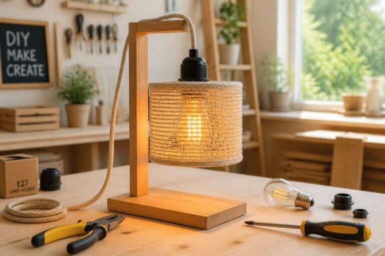 Une do it yourself lampe magnifiquement conçue repose sur une table en bois clair, entourée d'outils de bricolage, dans un atelier bien éclairé.