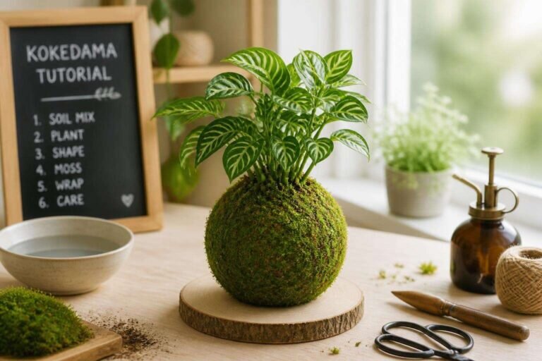 Un kokedama magnifiquement arrangé sur une table en bois clair, baigné de lumière naturelle, parfait pour un tuto kokedama.