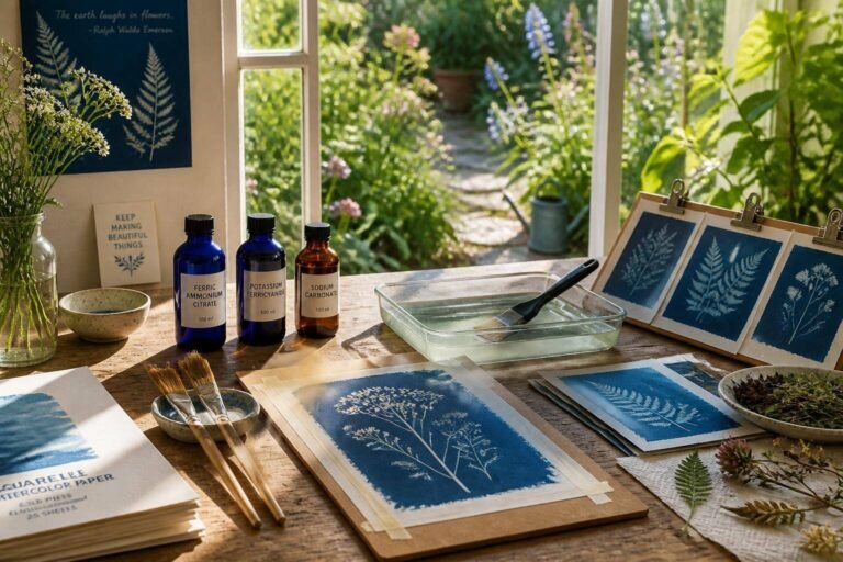 Une scène de retraite créative sereine montrant le processus de cyanographie avec une table en bois couverte de divers matériaux de cyanotype, éclairée par la lumière du jour à travers une grande fenêtre, avec un jardin luxuriant en arrière-plan.