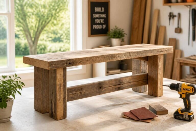 Un atelier lumineux et aéré met en valeur un meuble do it yourself : un banc en bois magnifiquement fabriqué à partir de bois récupéré, entouré d'outils comme une perceuse et du papier de verre.