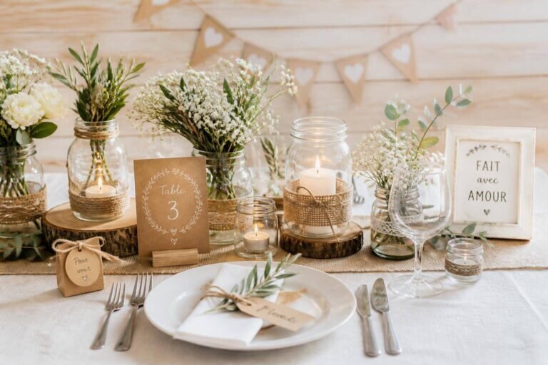 Une table de mariage magnifiquement arrangée avec des décorations DIY, mettant en valeur des bocaux en verre remplis de verdure et de bougies, parfaite pour une déco mariage pas cher à faire soi-même.