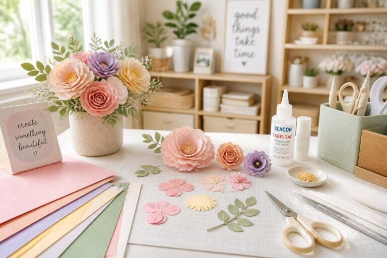 Un espace de travail magnifiquement agencé montre le processus de fabriquer fleur en papier cartonné, avec des outils organisés et des papiers pastel illuminés par la lumière du jour.