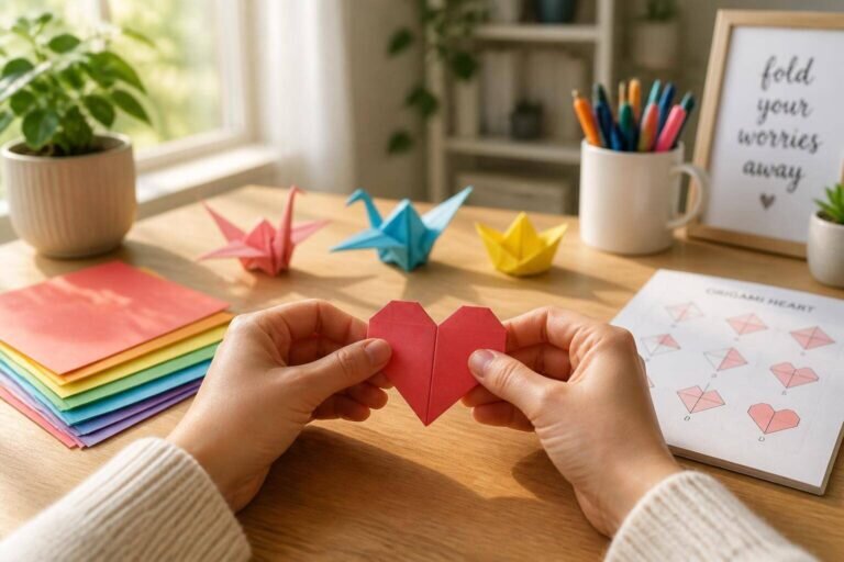 Un espace de travail lumineux et accueillant où l'on peut apprendre à faire un origami facile, avec des mains pliant délicatement du papier en forme de cœur.