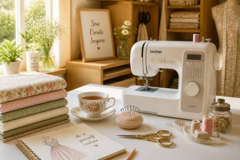Un coin couture confortable avec une machine à coudre bien organisée sur une table lumineuse, entourée de tissus pliés et d'outils de couture, illustrant parfaitement l'art de la 'do it yourself couture'.