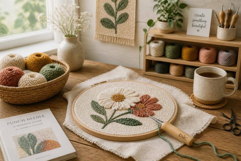 Un espace de travail magnifiquement aménagé pour un punch needle tuto, avec une table en bois, des fils colorés et une toile de moine illuminée par une douce lumière naturelle.